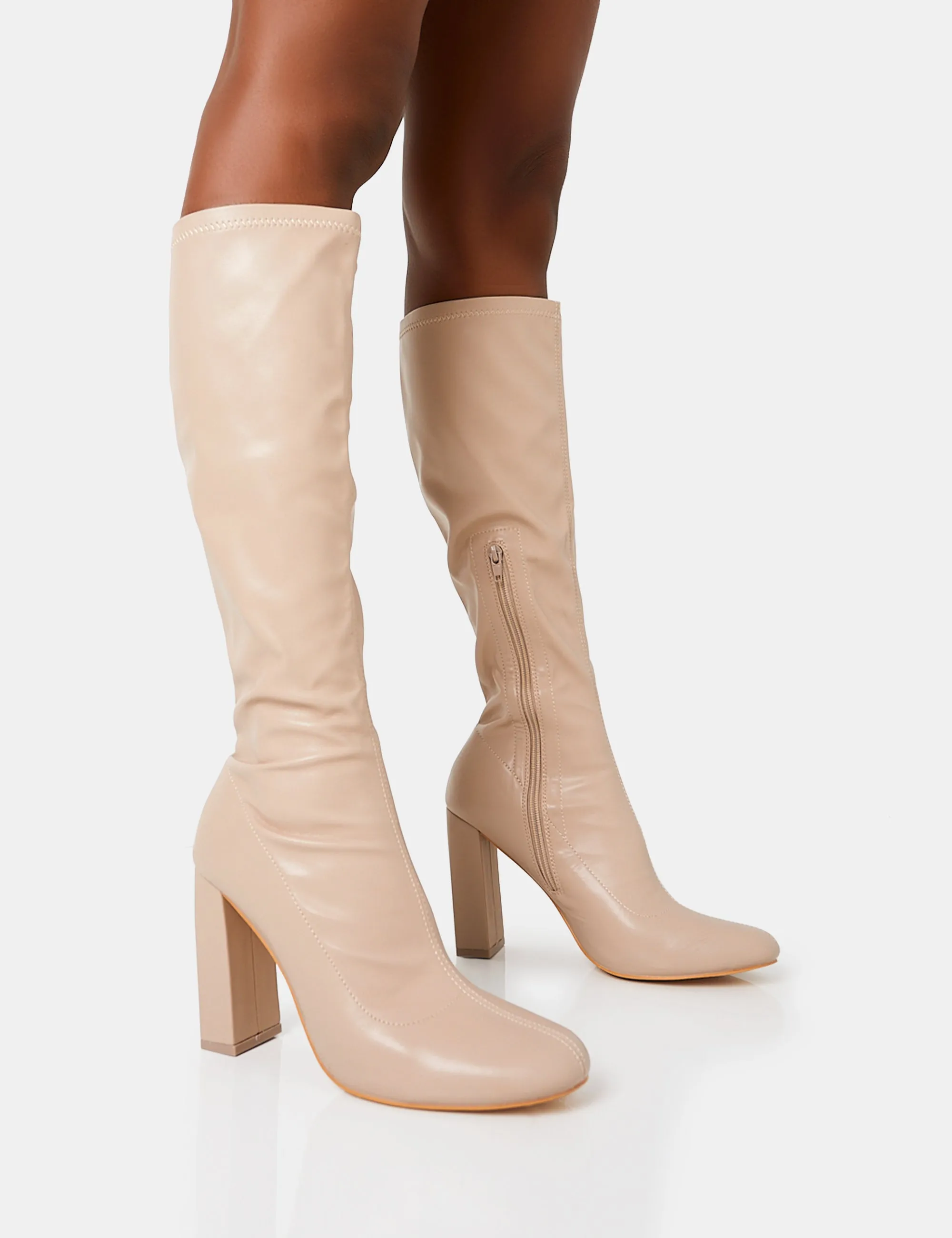 Christina Wide Fit Nude Pu Pointed Toe Block Heel Knee High Boots sold by Public Desire