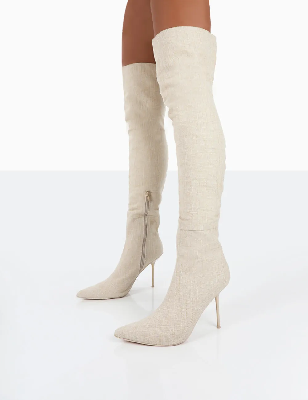 Tianna Natural Linen Pointed Toe Over The Knee Stiletto Boots sold by Public Desire product image thumbnail 4
