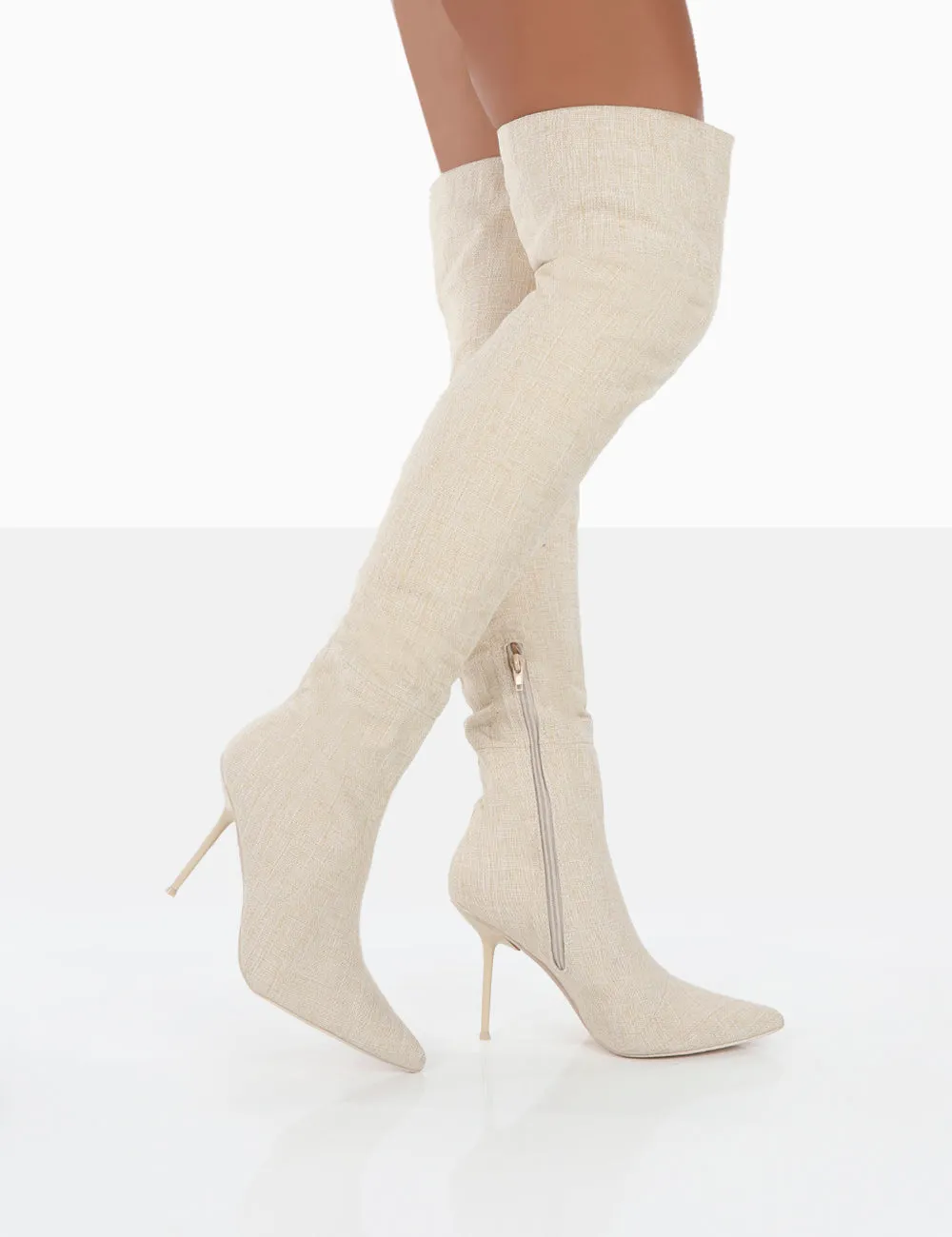 Tianna Natural Linen Pointed Toe Over The Knee Stiletto Boots sold by Public Desire product image thumbnail 3