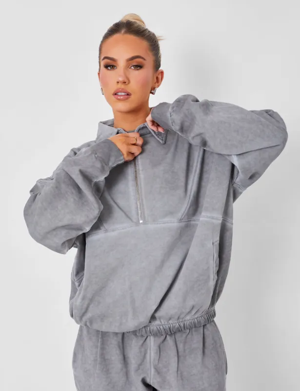 Half Zip Oversized Sweatshirt Co-ord Washed Grey sold by Public Desire