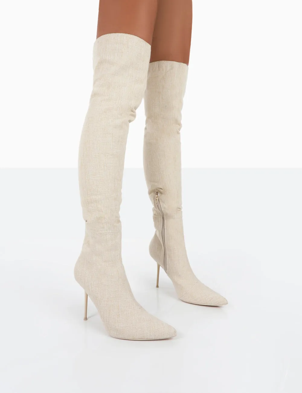 Tianna Natural Linen Pointed Toe Over The Knee Stiletto Boots sold by Public Desire