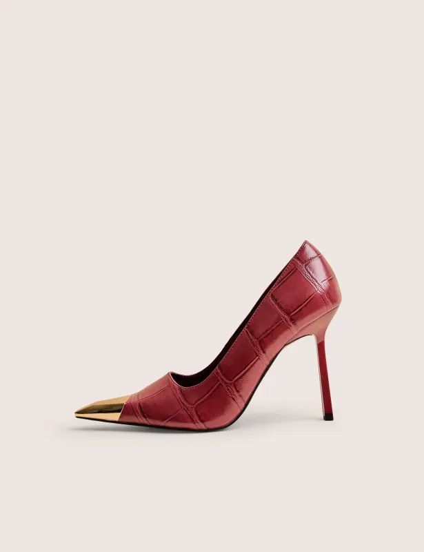 Rotate Burgundy Croc Gold Toe Detail Court High Heels sold by Public Desire