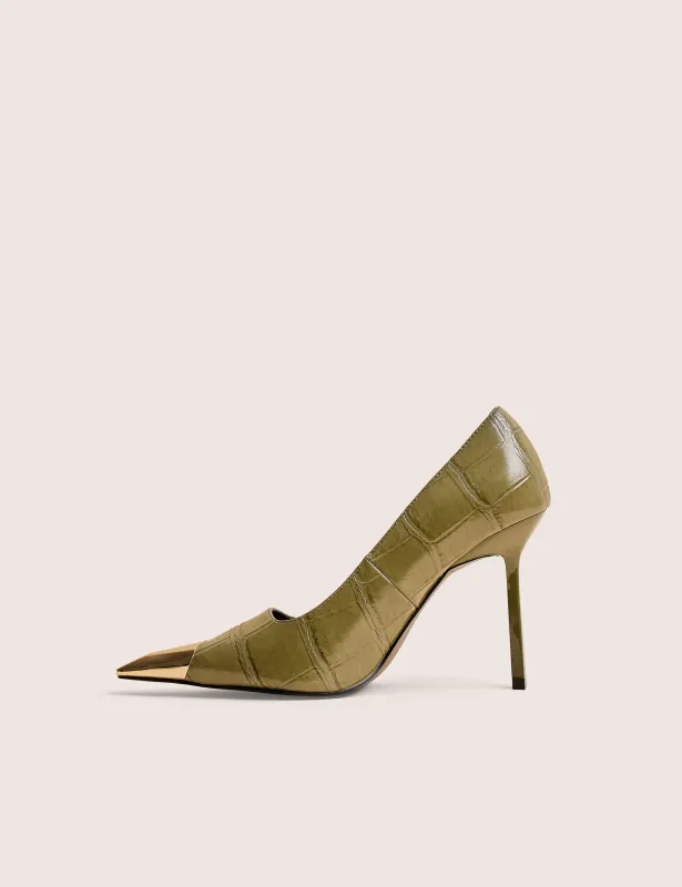 Rotate Green Croc Gold Toe Detail Court High Heels sold by Public Desire