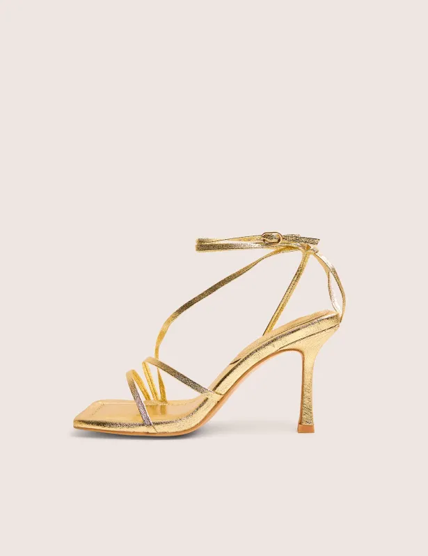 Clover Gold Metallic Square Toe Wrap Around Mid Heels sold by Public Desire