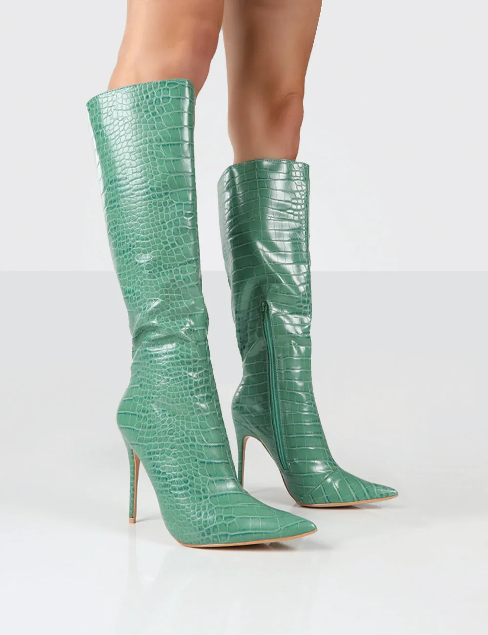 Horizon Green Croc PU Knee High Boots sold by Public Desire