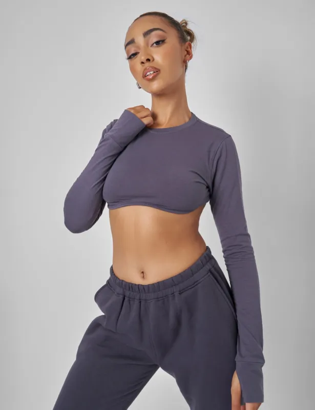 Long Sleeve Underbust Crop Top Dark Grey sold by Public Desire