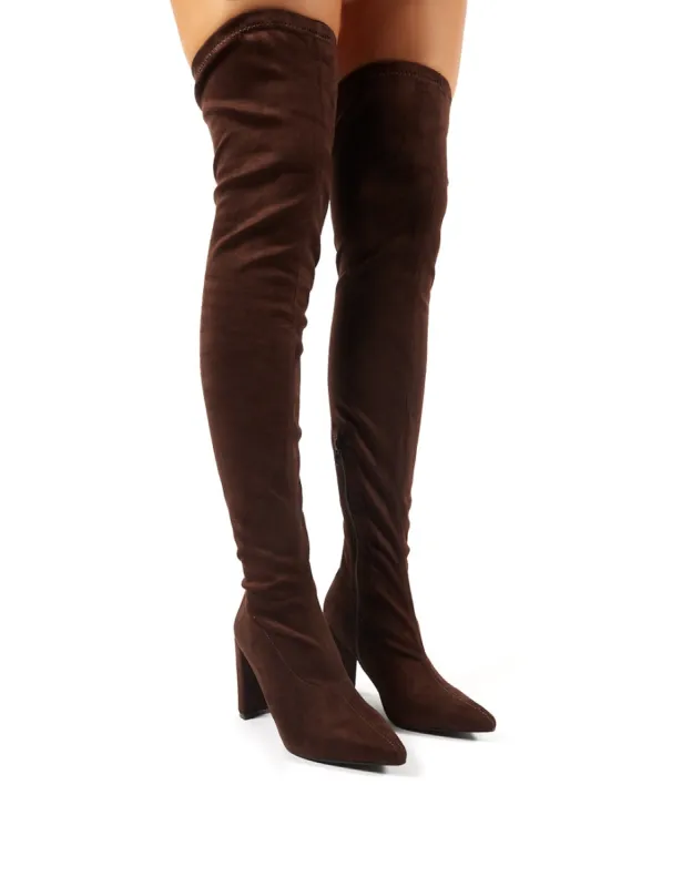 Scorch Chocolate Faux Suede Over the Knee Heeled Boots sold by Public Desire