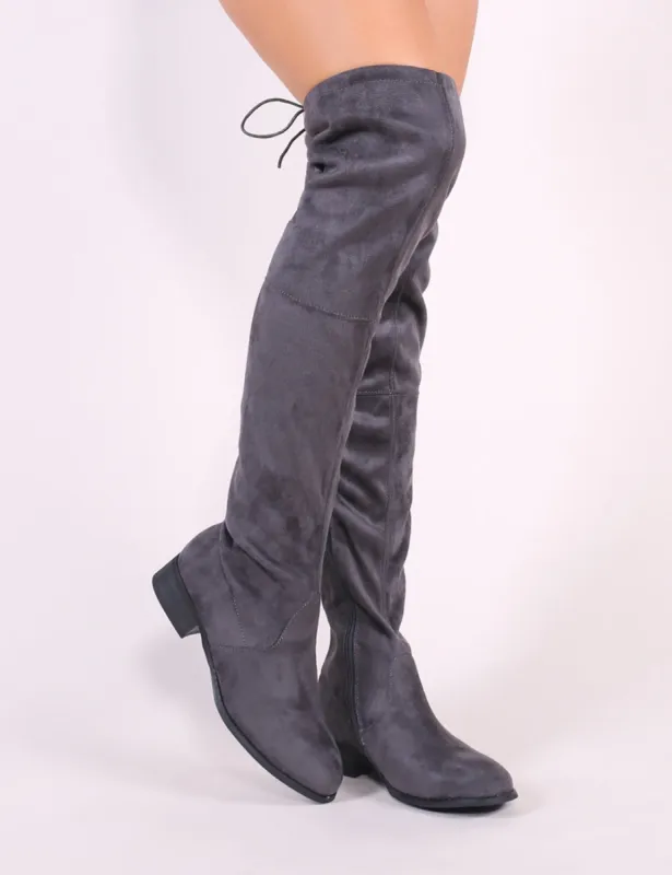 Joy Over the Knee Boots in Grey Faux Suede sold by Public Desire