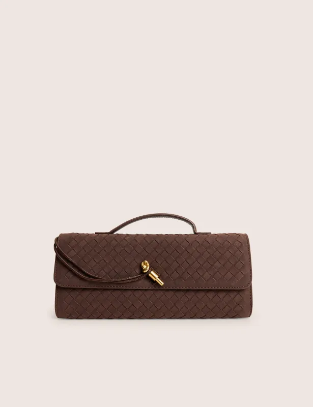 The Rose Chocolate Brown Suedette Weave Rectangle Clutch Bag sold by Public Desire