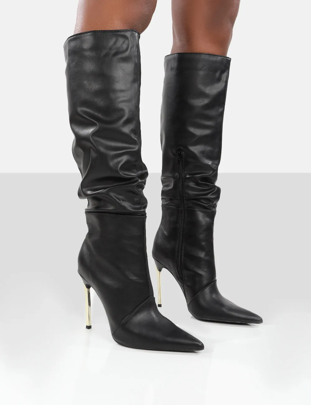 Monica Black PU Pointed Toe Stiletto Knee High Boots sold by Public Desire