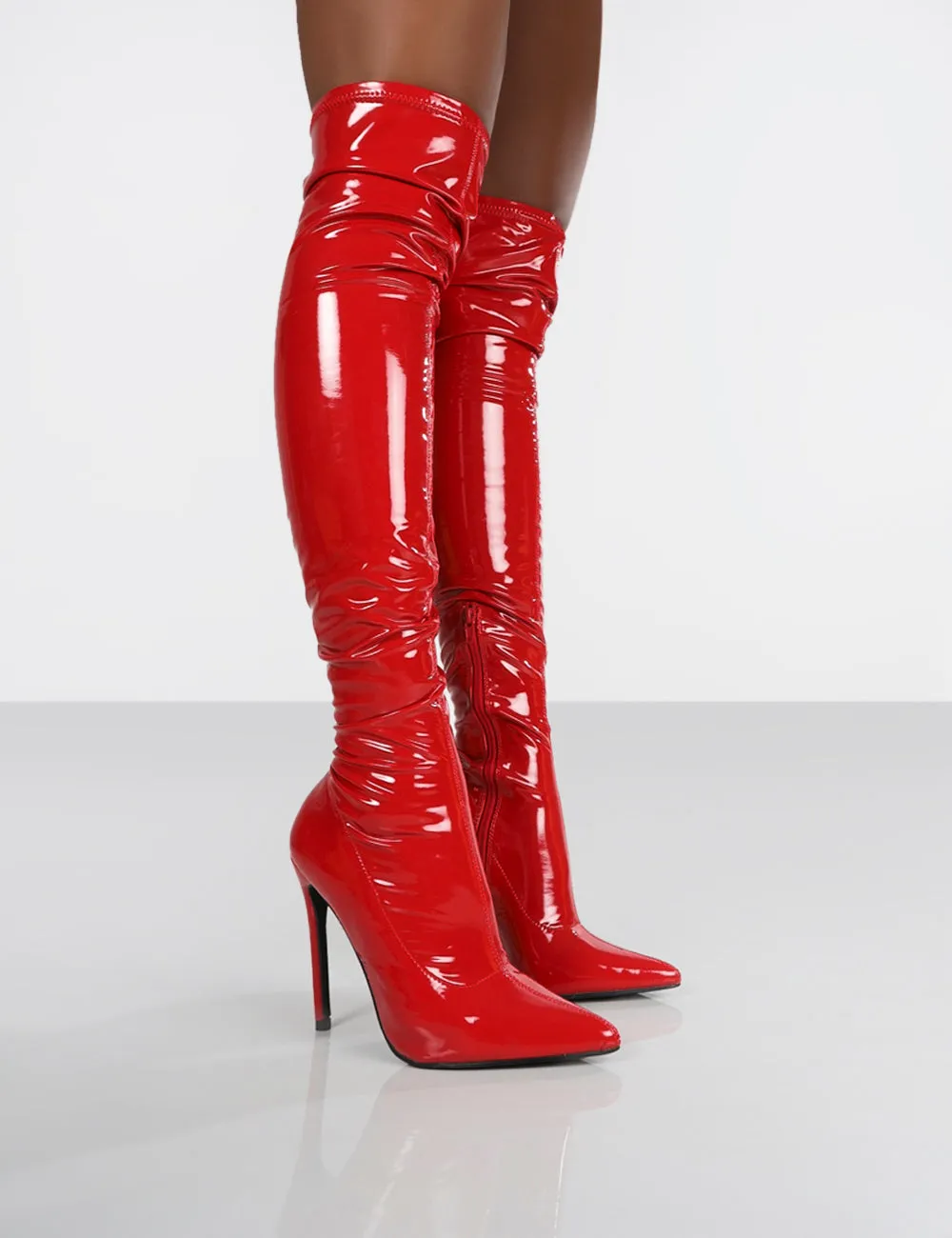 Confidence Red Patent Stiletto Heeled Over The Knee PU Boots sold by Public Desire