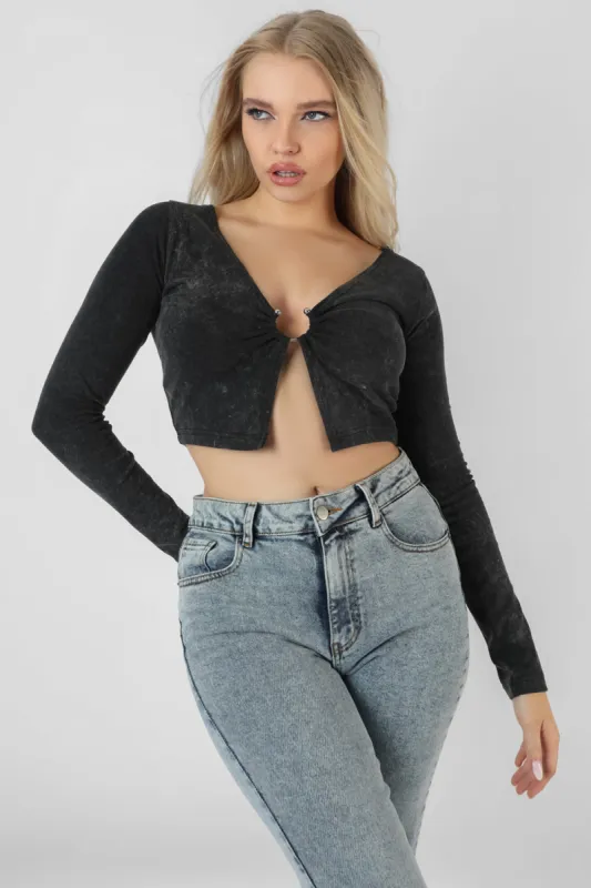 Long Sleeve Bullring Detail Crop Top Black sold by Public Desire
