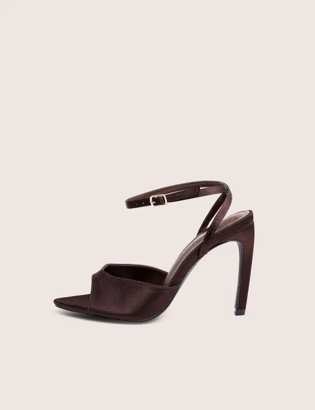 Caught On Chocolate Satin Peep Toe Curved High Heels made by Public Desire
