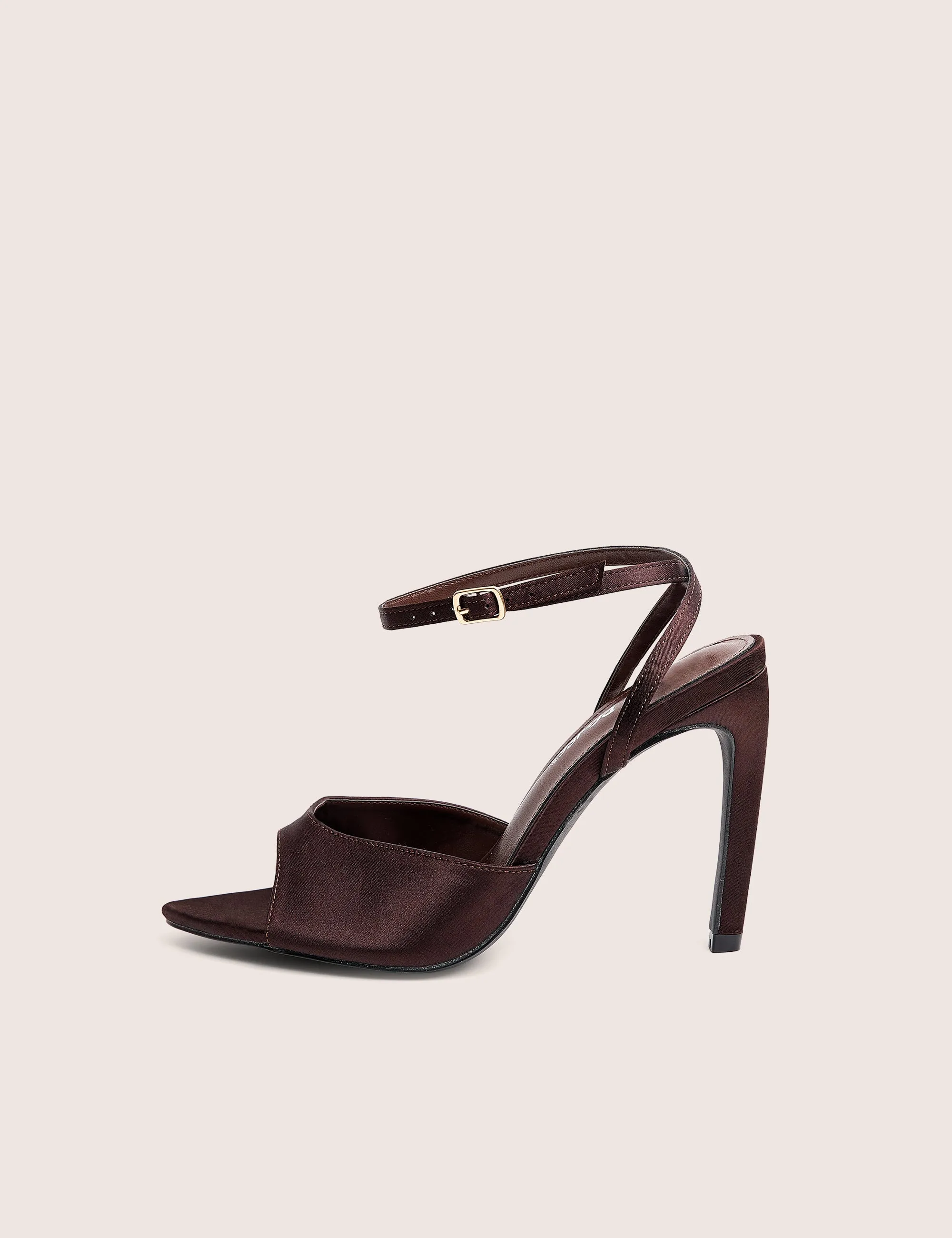 Caught On Chocolate Satin Peep Toe Curved High Heels sold by Public Desire