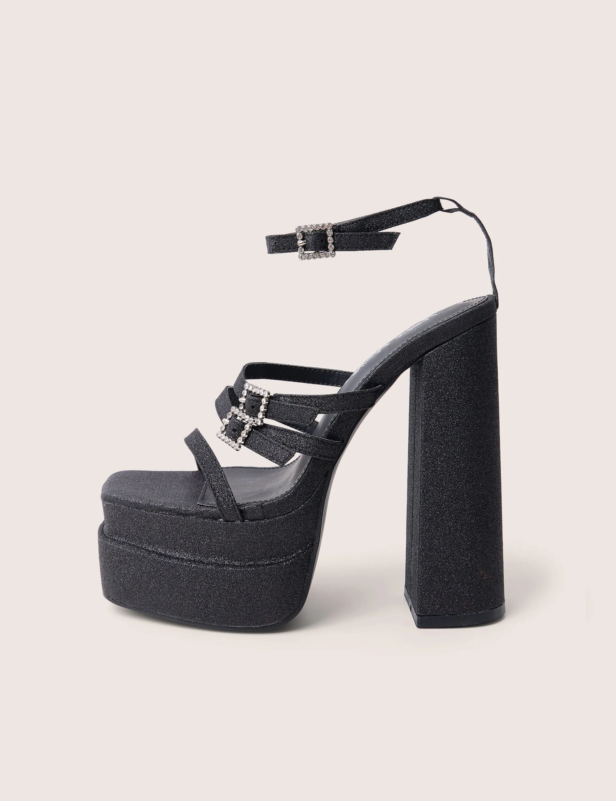 Disco Ball Black Buckle Embellished Detail Platform Heels sold by Public Desire