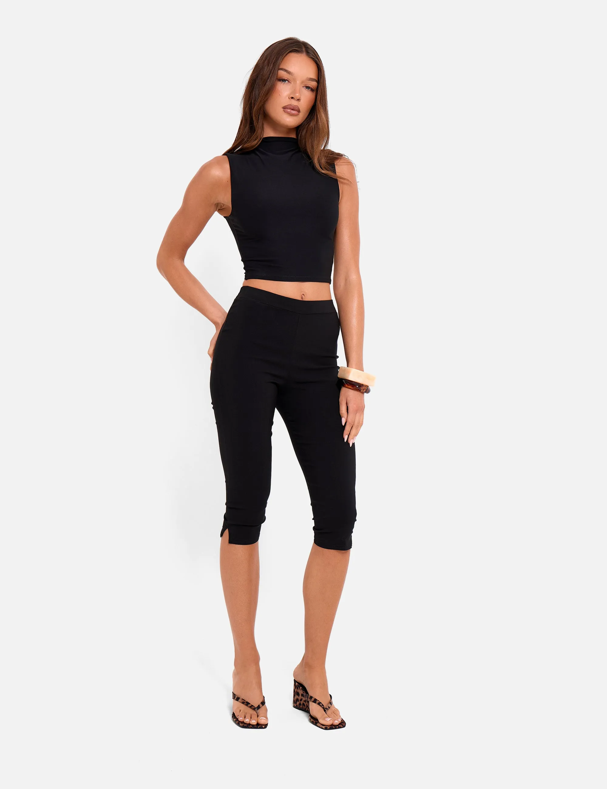 High Waist Bengaline Split Hem Capri Trousers Black sold by Public Desire product image thumbnail 2
