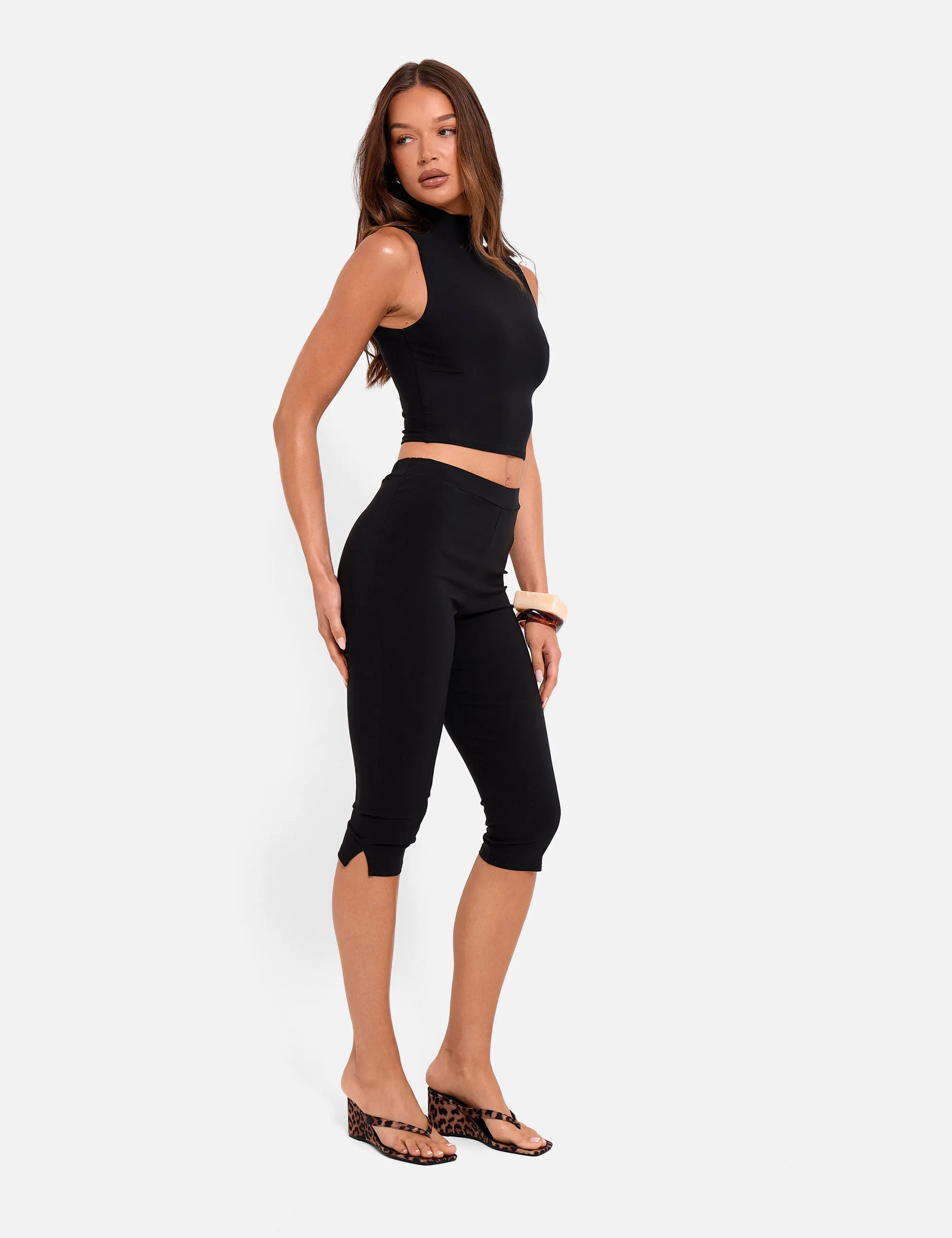 High Waist Bengaline Split Hem Capri Trousers Black sold by Public Desire