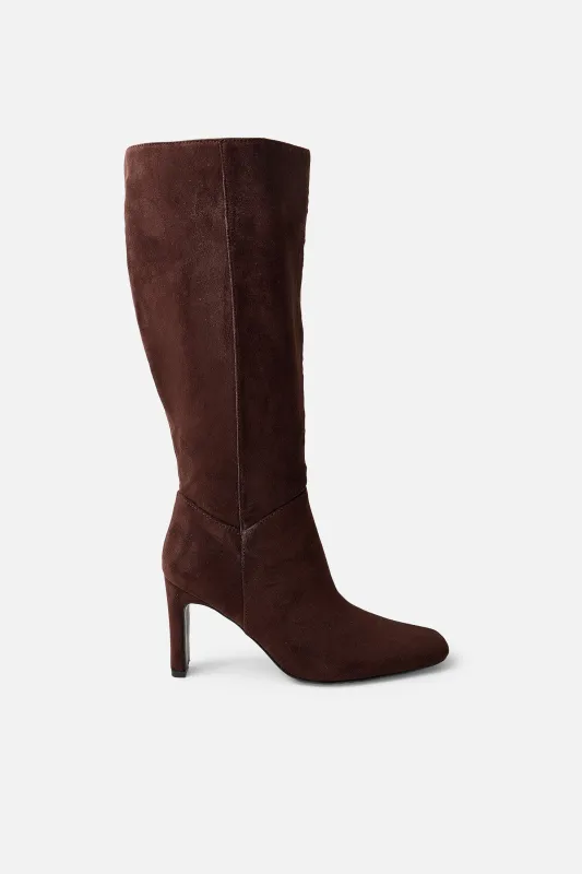 Pose Chocolate Zip Up Knee High Slim Block Heeled Boots made by Public Desire