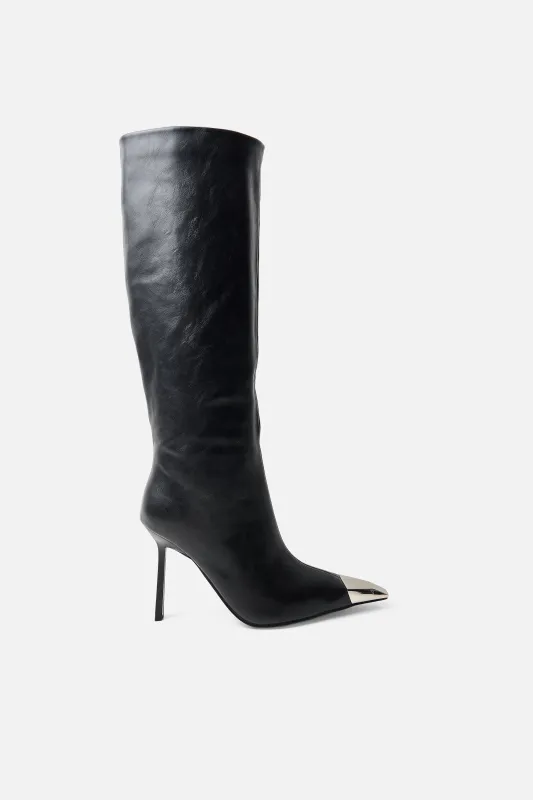 Radiate Black Toe Cap Detail Knee High Boot made by Public Desire