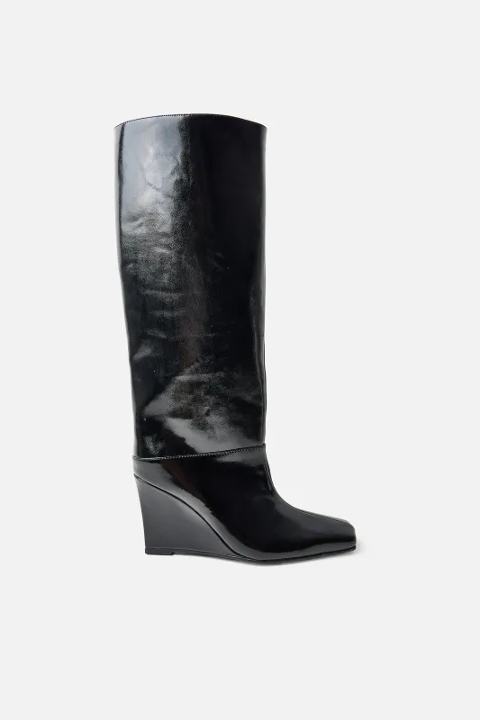 Helena Black Wedge Pointed Knee High Boots made by Public Desire