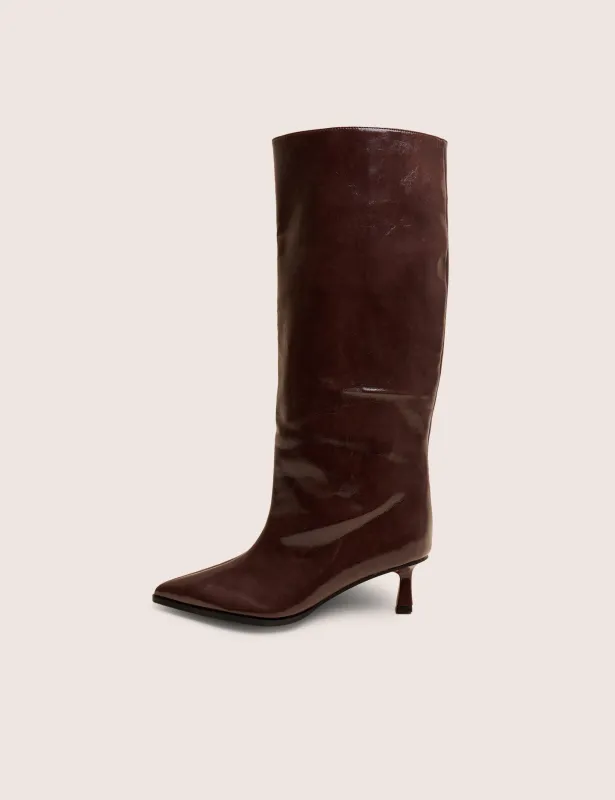 Lola Brown Micro Kitten Heel Knee High Boots made by Public Desire