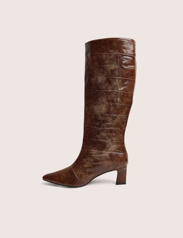 Boomer Tan Croc Pointed Toe Knee High Mid Heel Boots made by Public Desire