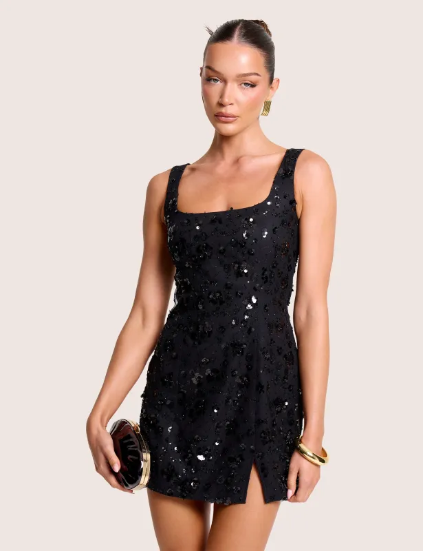 Embellished Floral Sequin Square Neck Mini Dress Black made by Public Desire