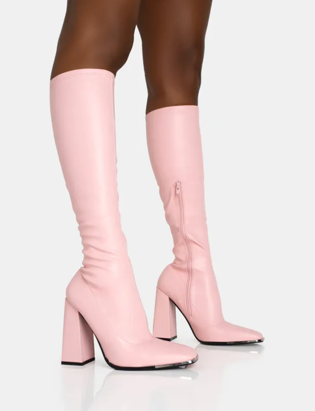 Caryn Baby Pink Pu Knee High Block Heeled Boots sold by Public Desire
