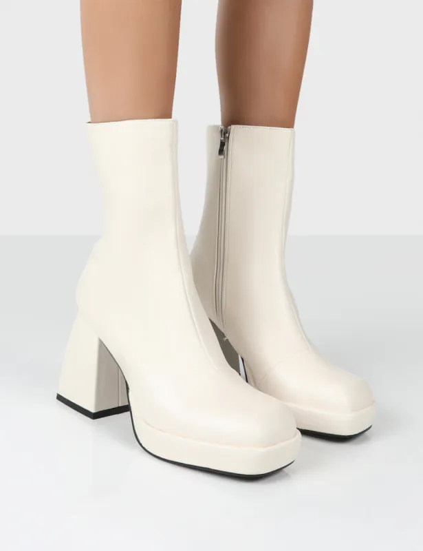 Clover Ecru Pu Platform Chunky Block Heel Ankle Boots sold by Public Desire