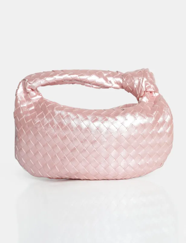 The Blame Baby Pink Pearlescent Woven PU Knot Detail Mini Grab Bag sold by Public Desire