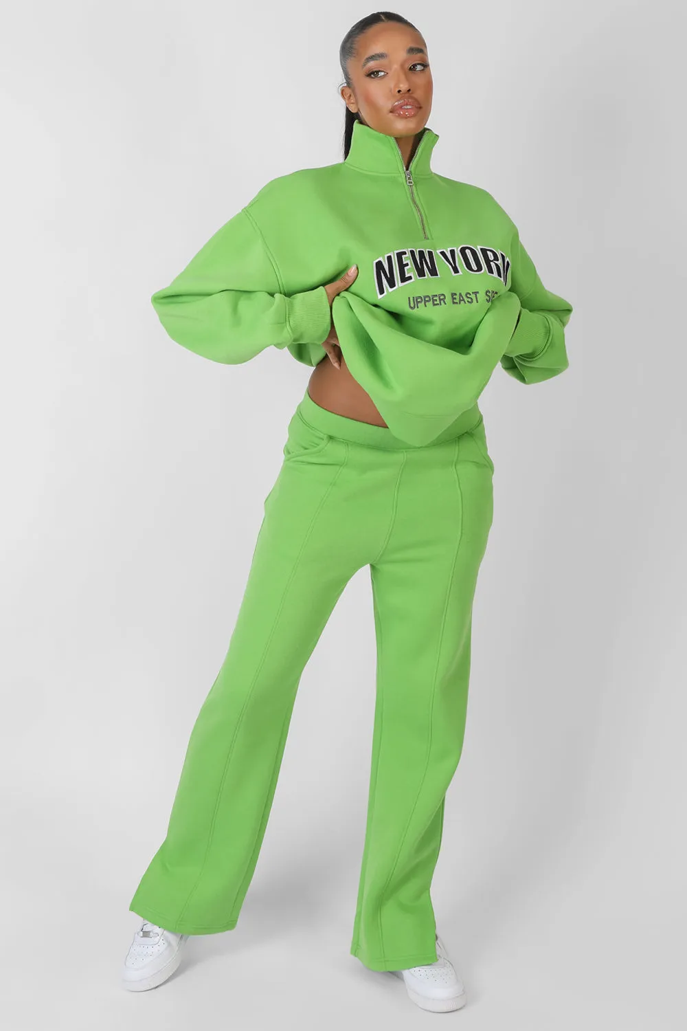 New York Split Hem Straight Joggers Green sold by Public Desire