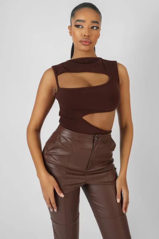 Asymmetric Cut Away Bodysuit Chocolate sold by Public Desire
