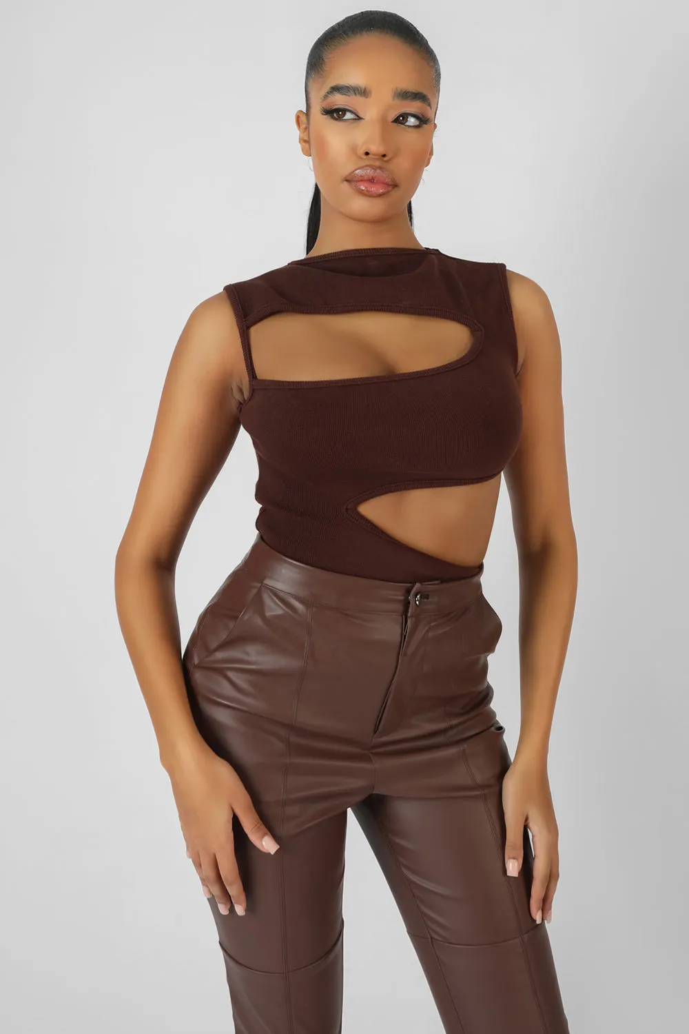 Asymmetric Cut Away Bodysuit Chocolate sold by Public Desire