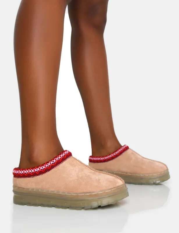 Nala Beige Faux Suede Embroidered Slipper Platform Boots sold by Public Desire