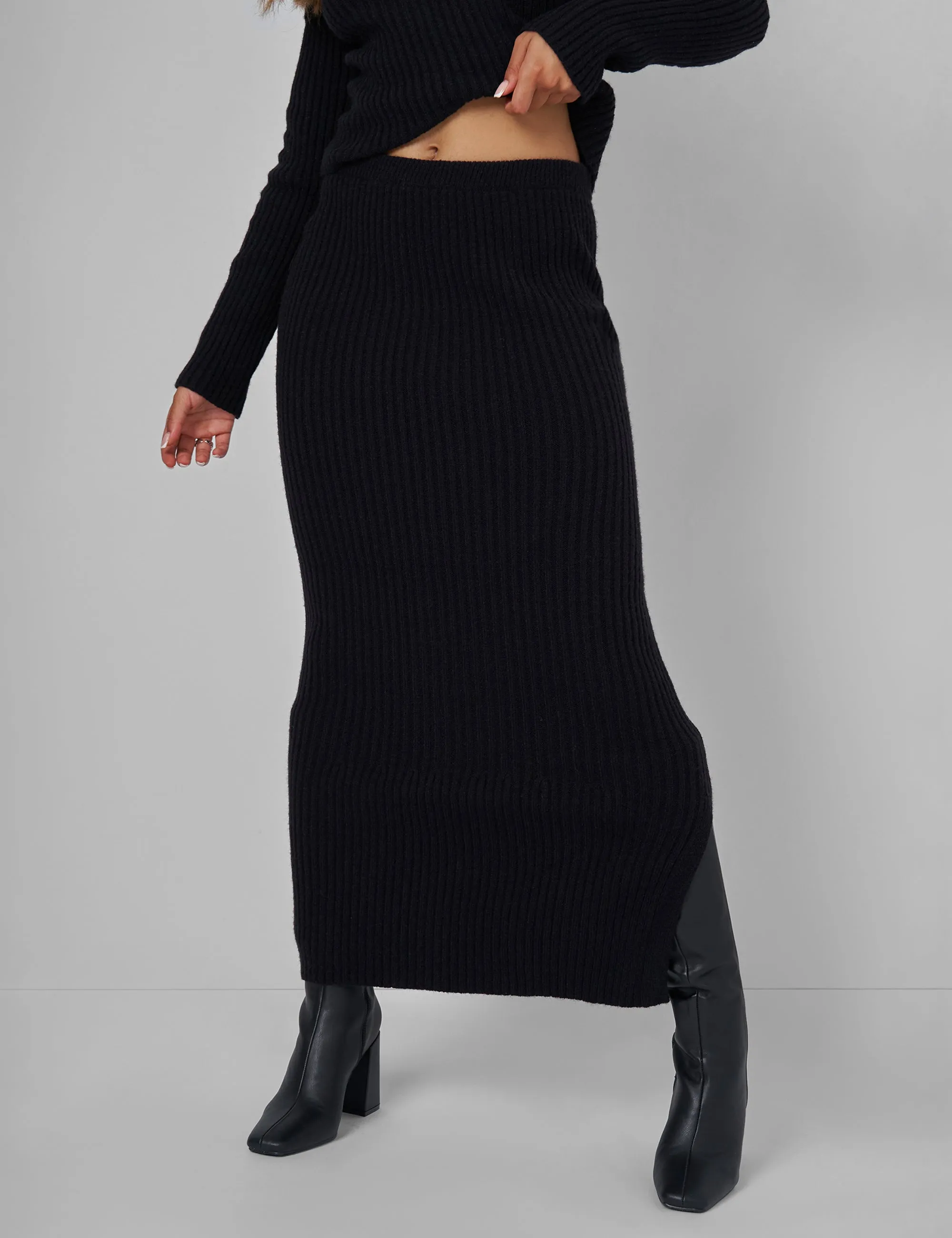 Kaiia Knitted Midi Side Split Skirt Co-ord in Black sold by Public Desire product image thumbnail 2