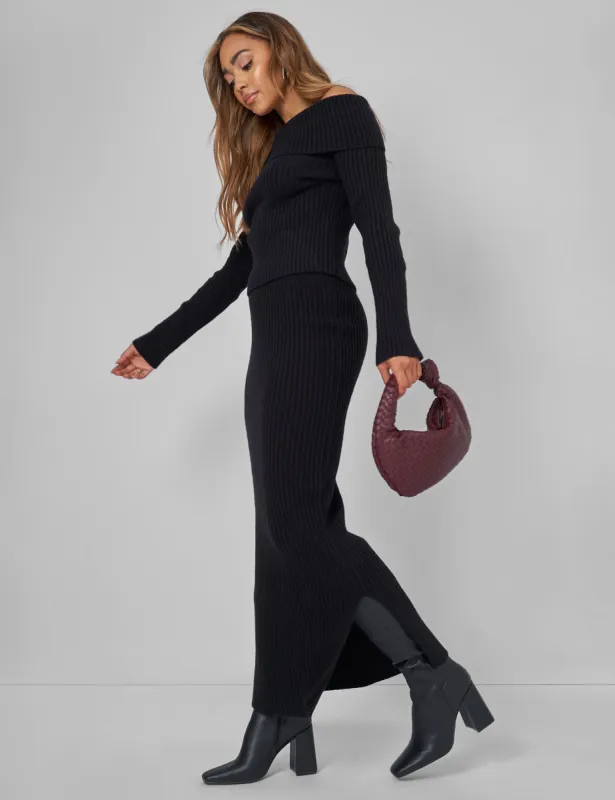 Kaiia Knitted Midi Side Split Skirt Co-ord in Black sold by Public Desire