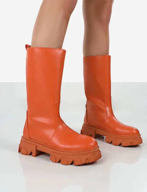 Jolie Orange Pu Knee High Chunky Sole Long Boots sold by Public Desire