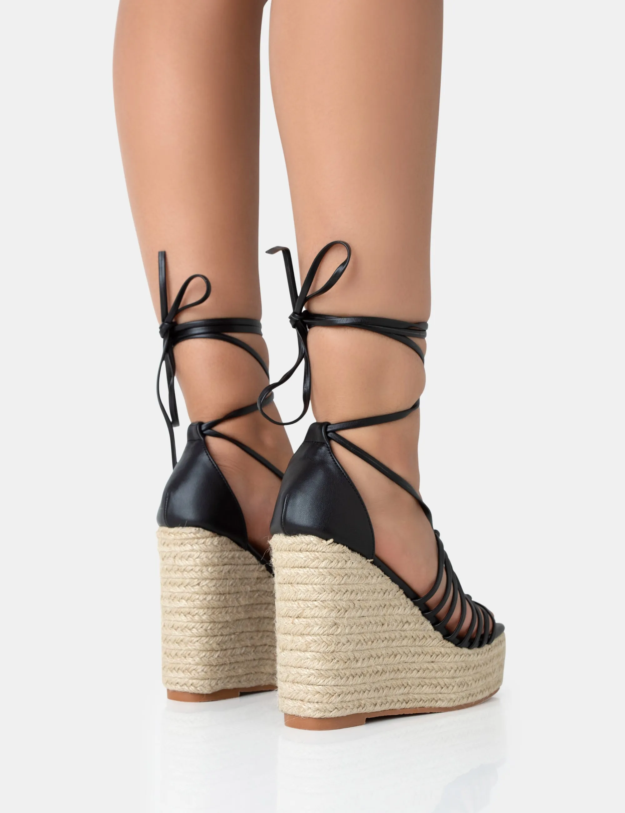Reece Black PU Knot Strap Lace Up Raffia Wedge Heels sold by Public Desire product image thumbnail 4
