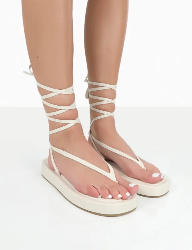 Beach Babe Ecru Lace Up Toe Thong Flatform Sandals sold by Public Desire
