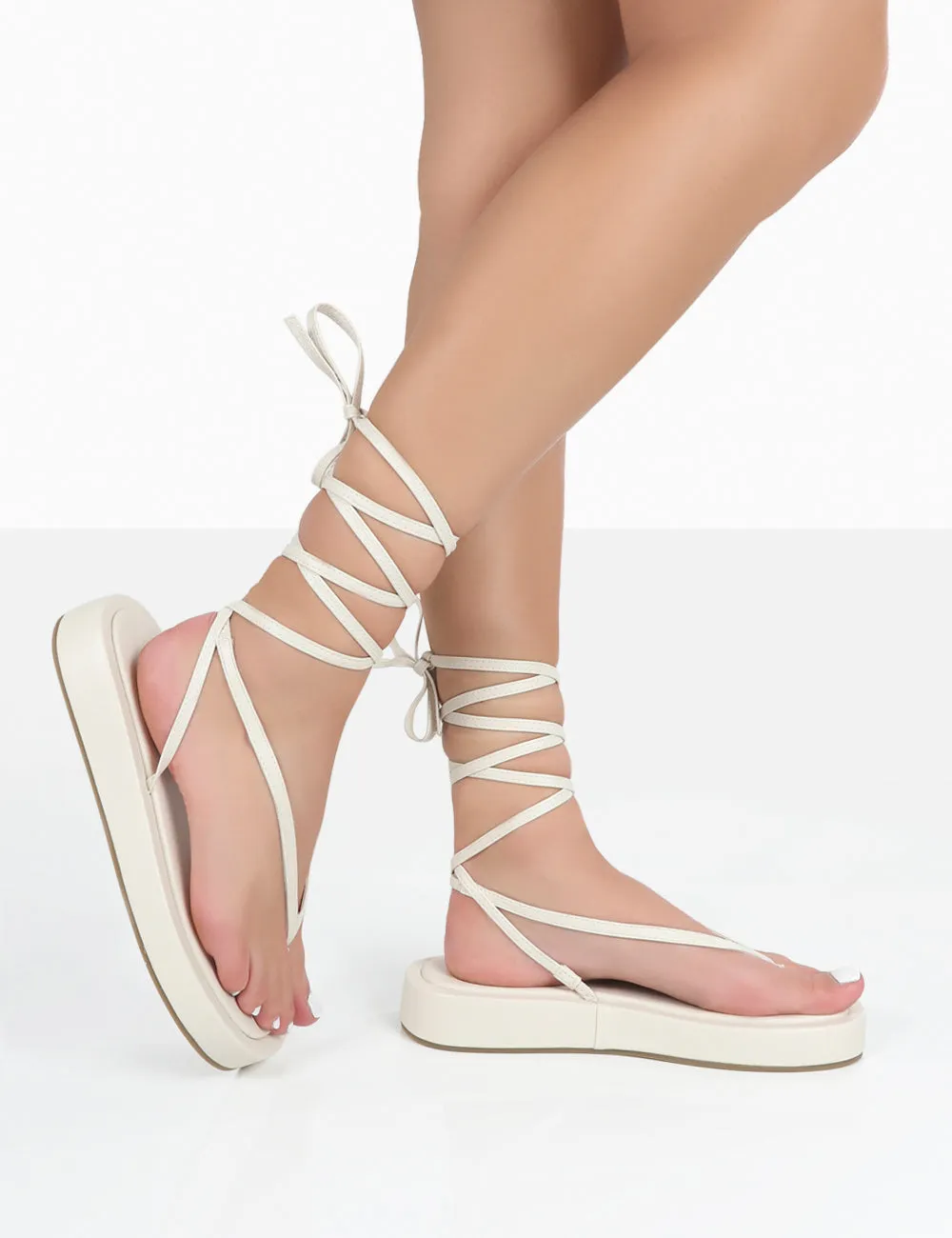 Beach Babe Ecru Lace Up Toe Thong Flatform Sandals sold by Public Desire product image thumbnail 4