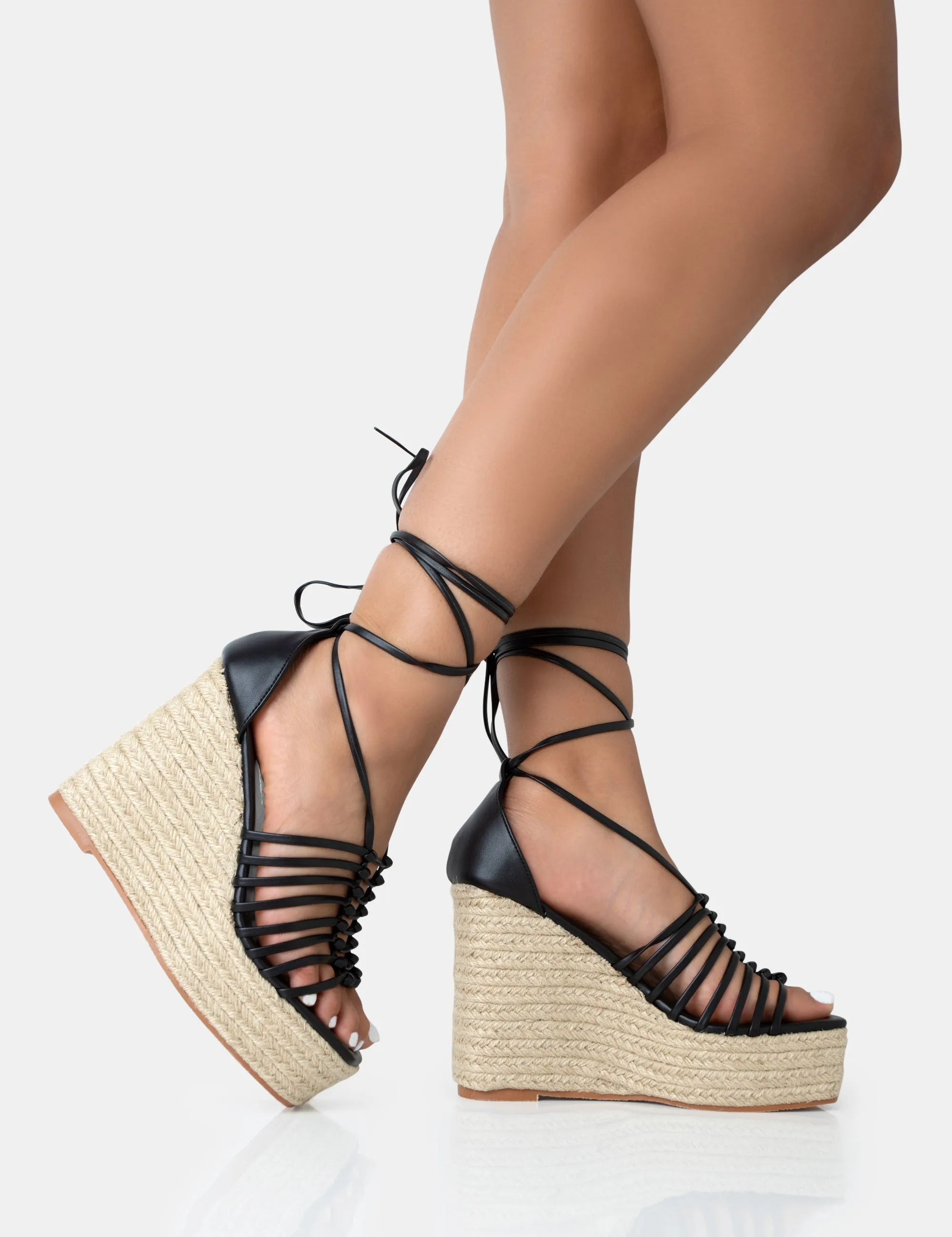 Reece Black PU Knot Strap Lace Up Raffia Wedge Heels sold by Public Desire product image thumbnail 2