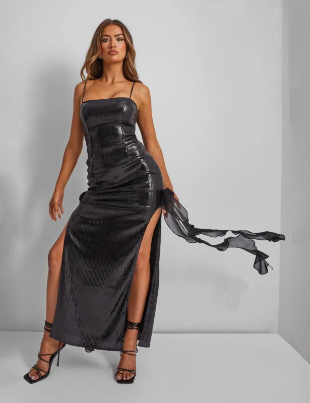 Rose Detail Sequin Maxi Dress Black sold by Public Desire