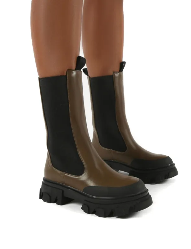 Boston Khaki Calf High Chunky Sole Boots sold by Public Desire