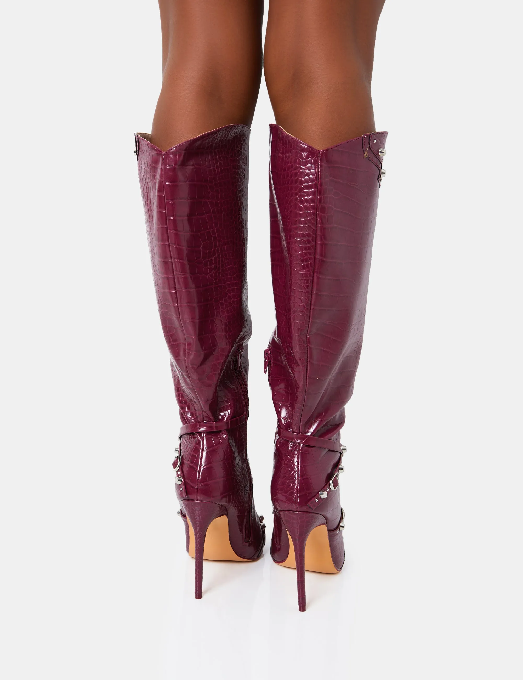 Doja Wide Fit Burgundy Croc Studded Zip Detail Pointed Toe Stiletto Knee High Boots sold by Public Desire product image thumbnail 5
