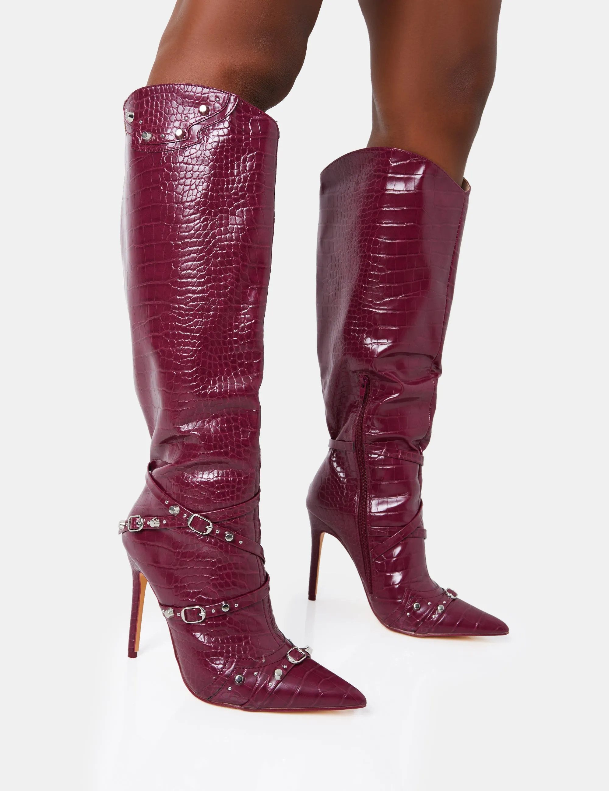 Doja Wide Fit Burgundy Croc Studded Zip Detail Pointed Toe Stiletto Knee High Boots sold by Public Desire product image thumbnail 2
