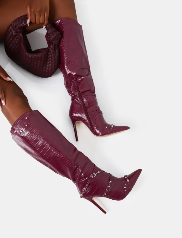 Doja Wide Fit Burgundy Croc Studded Zip Detail Pointed Toe Stiletto Knee High Boots sold by Public Desire