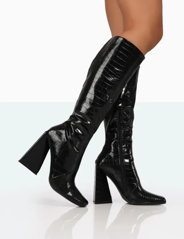 Senna Black Patent Croc Knee High Block Heel Boots sold by Public Desire