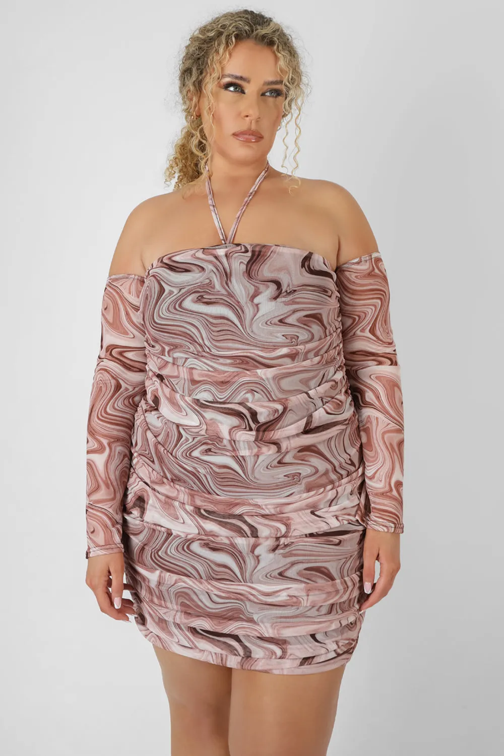 Curve Printed Mesh Ruched Bardot Dress Brown sold by Public Desire product image thumbnail 4