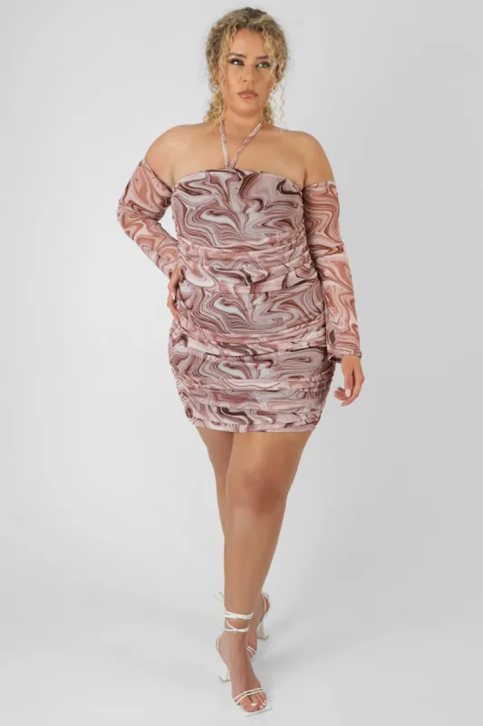 Curve Printed Mesh Ruched Bardot Dress Brown sold by Public Desire