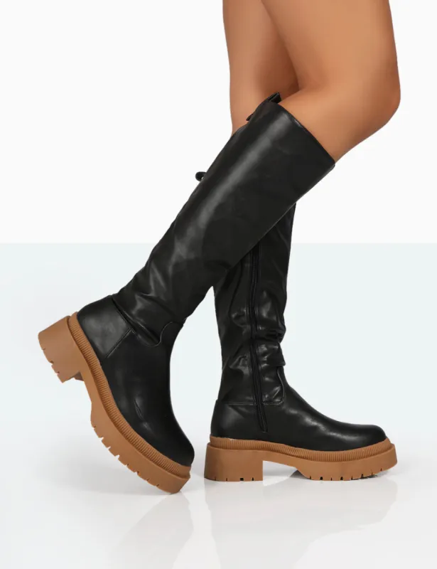 Jersey Black Pu Contrasting Chunky Sole Knee High Boots sold by Public Desire